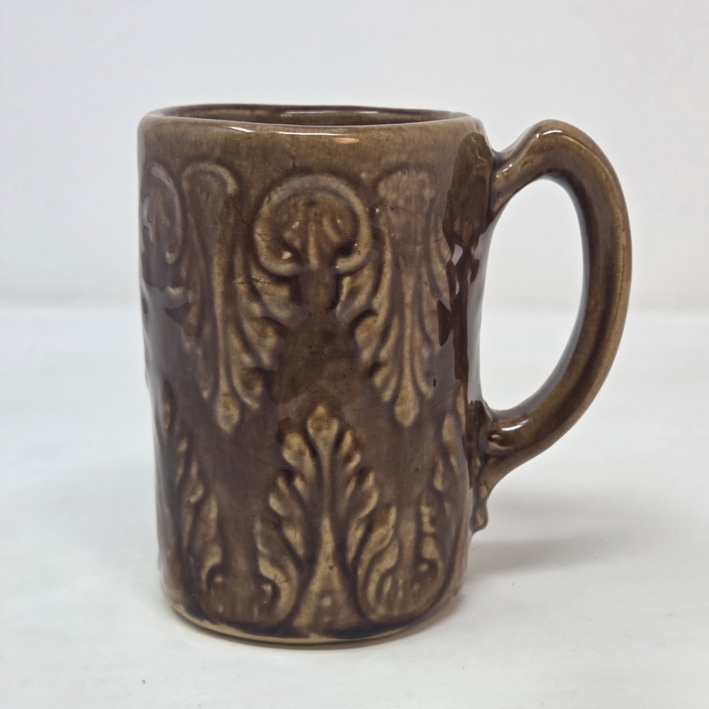 Rockingham Glaze Acanthus Leaf Mug Brown Yellowware Bennington Style Old Pottery